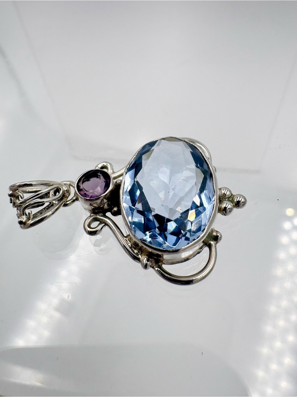 Elegant 925 Silver 10 CT Faceted Aquamarine & Amethyst Pendant - (Pendant Only) - Picture 4 of 16